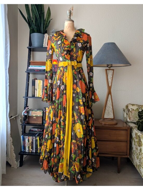 American Vintage Dresses & Skirts - Vintage 60s 70s Floral Hippie Maxi Dress Long Sleeve Witchy Made in USA SM